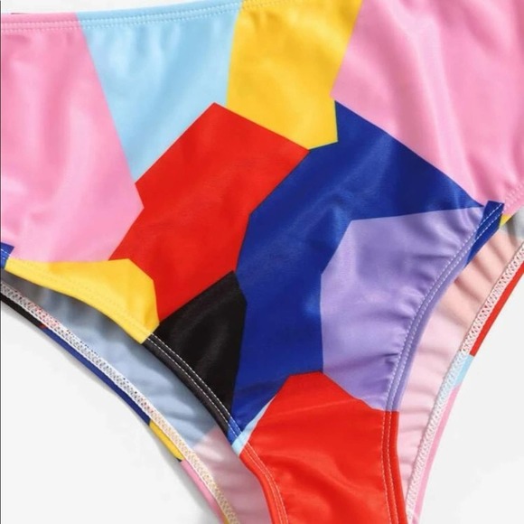 Tropical colorblock scoop neck wireless bra high waist bikini swimsuit Sz S - Picture 5 of 5